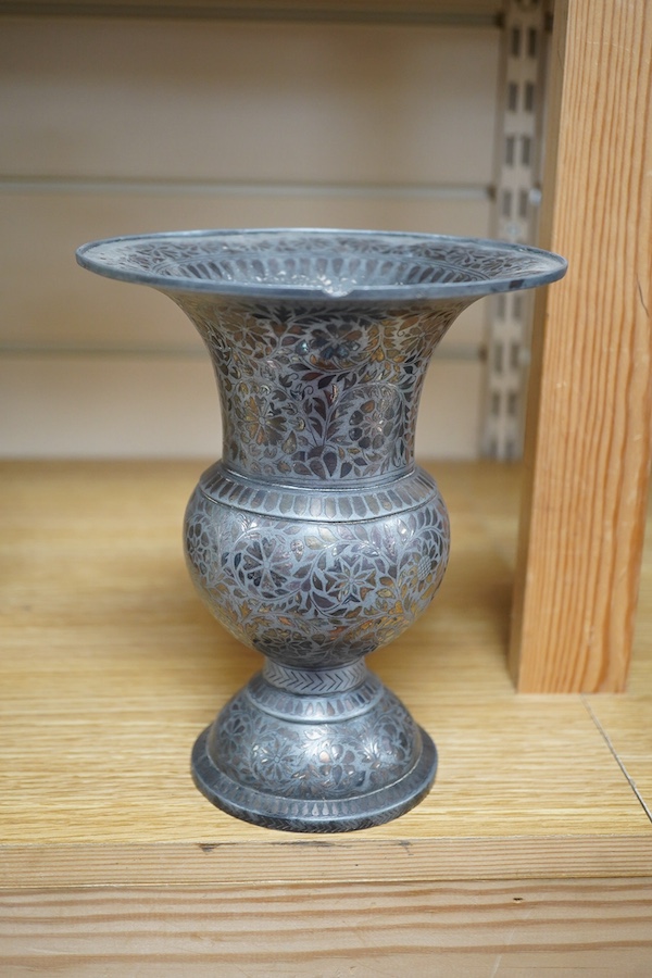 A late 19th century Indian bidriware vase, 18cm. Condition - fair